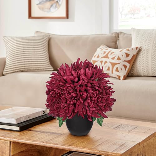 Briful Fake Mums Flower in Black Pot Realistic Silk Chrysanthemums Artificial Flowers Fall Mums for Home Decor Indoor Wedding Farmhouse Centerpiece Table, Burgundy - color: Burgundy