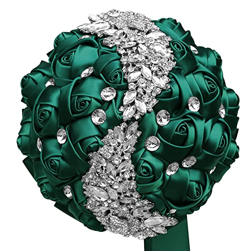 Wedding Bouquets for Bride Bridesmaid Brooch Bouquet Handmade Artificial Rhinestone Satin Rose Flower Tossing Bouquet for Wedding Ceremony Anniversary（Dark Green,18cm - color: Dark Green, size: 7.1''/18cm