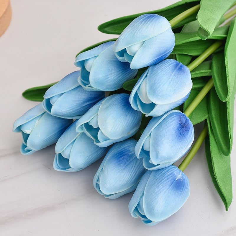 Artificial Flowers Tulips Fake Flowers Real Touch Latex Tulips Faux Flowers Bouquet for Wedding Party Arrangements Home Decor and Baby Shower Centerpieces (10, White-Blue) - color: White-blue