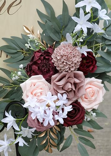 Ponatia Wedding Arch - Artificial Burgundy & Dusty Rose & Blush Flowers (Pack of 2) for Wedding Welcome Signs, Ceremony & Reception - color: Burgundy & Dusty Rose & Blush