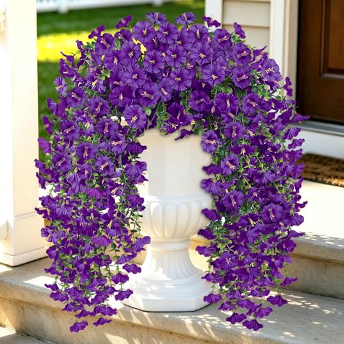 Artificial Flowers for Outdoors, 6-Pack 420 Blooms UV Resistant Hanging Morning Glory Silk Flowers Vines, Realistic Fake Plants Outside Decroation for Porch Patio Balcony Yard Garden (Purple) - color: Purple