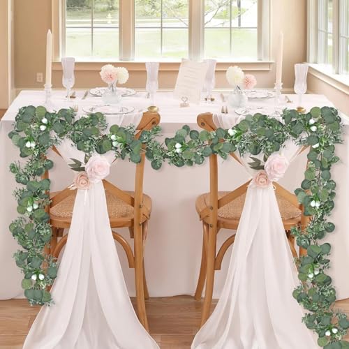 DEMIUKO 2PCS Artificial Eucalyptus Garland, 5.9FT Faux Greenery Garland with Silver Dollar Eucalyptus Leaves Fake Hanging Vines Summer Garlands for Wedding Arch Backdrop Table Wall Party Home Decor - size: 2PCS