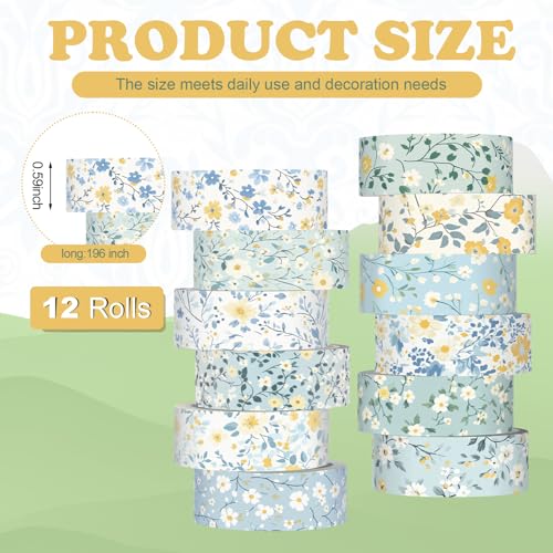 12 Rolls Watercolor Floral Washi Tape Set 15 mm Vintage Flower Decorative Masking Tape for Summer School Arts DIY Craft Scrapbook Journal Supplies Gifts(Blue,Wildflower) - color: Blue, style: Wildflower