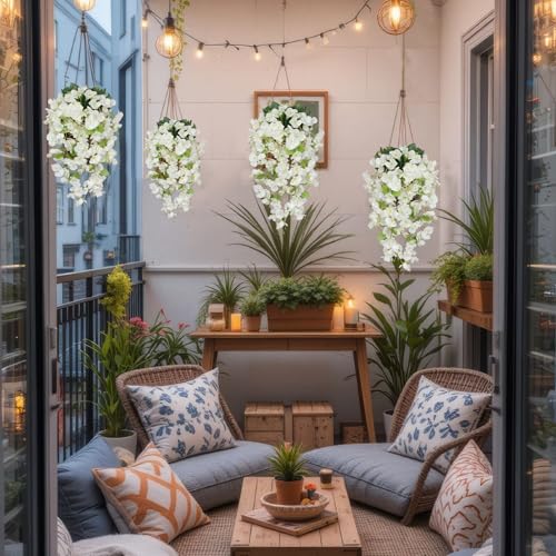 2 Pcs Fake Hibiscus Flowers Artificial Hanging Flowers Plants for Outdoors Realistic UV Resistant Spring Summer Decor White Silk Faux Flowers Trailing Vines for Front Door Porch Outside - color: White