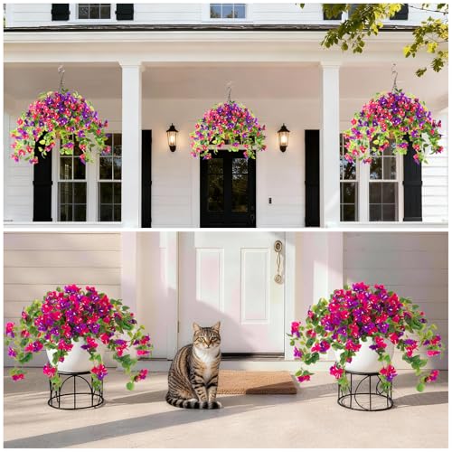Homsunny Artificial Fake Flowers Plants for Outdoor Summer Decoration, 2 Pcs Faux Silk Flower Bougainvillea Vines Look Real UV Resistant for Home Porch Patio Balcony Yard Spring Decor(Mix Purple) - color: Mix 2