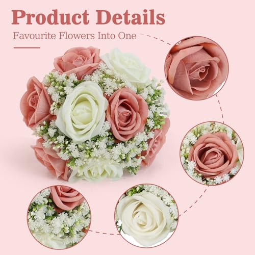 Artificial Bridesmaid Bouquets Set of 4 for Wedding-7 inch Pink Flowers Bouquets for Bridesmaids, Faux Rose Gypsophila Rustic Small Floral Bouquet Fake Boho Wedding Party Ceremony Anniversary Decor - color: Dusty Pink, size: Set of 4 Bridesmaid Bouquets