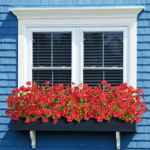 Bassion Artificial Flowers for Outdoors, 16 Bundles UV Resistant Fake Flowers Realistic Silk Faux Plants for Outdoor Planter Hanging Basket Window Box Porch Patio Garden Home Outside Decorations - color: Red
