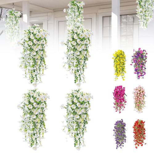 Artificial Flowers for Outdoors Fake Morning Glory Hanging Flower Decoration, 4 Pcs Realistic Faux Plants Petunias Trailing Vines, Spring Summer Decor for Porch Patio Balcony Planter Yard(White) - color: White, size: 4 Pcs