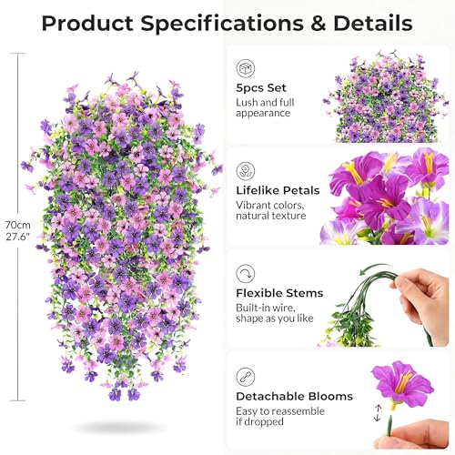 Kingsboomy 5PCS Artificial Faux Hanging Flowers Plants for Outdoor Decor,Fake Silk Daisy Flowers with Eucalyptus UV Resistant Realistic Vines for Home Porch Patio Balcony Yard Decor (Mixed Purple) - color: Mixed Purple
