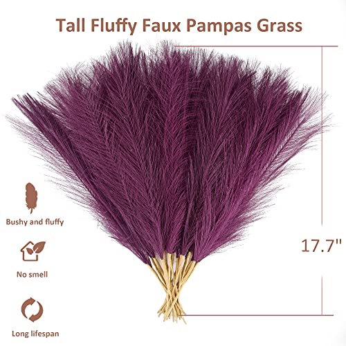 Dark Purple Pampas Grass Small, 30 Pcs 17" Faux Pampas Grass Short Decor, Pompas Grass Flower Arrangement and Vase Filler for Boho Home Wedding Decoration - color: Dark Purple, size: 17'' Tall