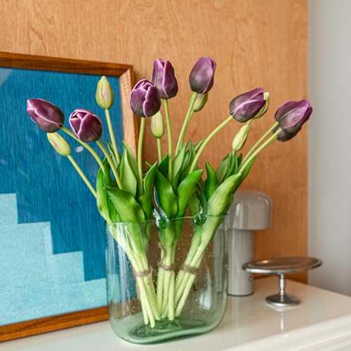 Artificial Tulips Flowers,Soft Touch Latex Bouquet, Fake Tulips,Spring Wedding Home Room Table Centerpiece Decor - color: Dark Purple(no Vase)