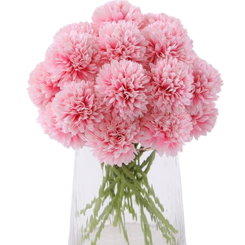 Kimura's Cabin 20Pcs Fake Chrysanthemums Artificial Flowers Silk Faux Mums Flower with Stem Ball Flowers for Wedding Bouquets Party Arrangement Home Kitchen Table DIY Decoration (Pink) - color: Dark Pink Colour