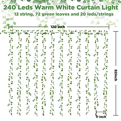 12 Pack Fake Vines Curtain String Light 240 LED 8 Mode & Timer Hanging Ivy Lights Vines for Bedroom Wall Hanging Garden Home Room Wedding Jungle Party Indoor Outdoor - color: 12pcs With Lights