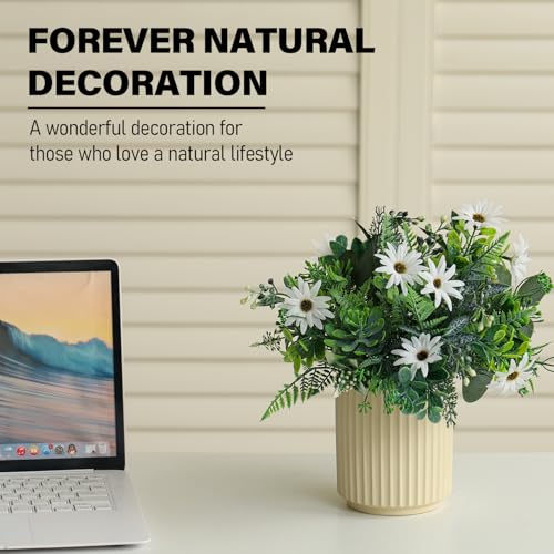 Artificial Flower and Fake Plants in Ceramic Pot,Artificial Plants Indoor, Fake Flowers in Vase for Table Centerpiece Decorations, Faux Plants Flowers Arrangement for Home Office Decoration - color: Green&white