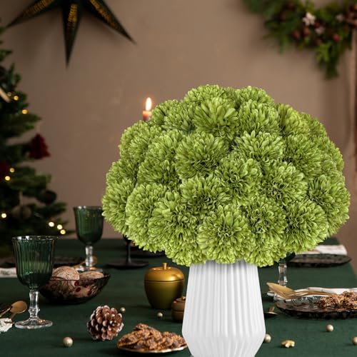 36 Pcs Artificial Chrysanthemums Flowers Green Ball Flower Silk Fake Mums Flowers for Home Decor Outdoor Wedding Floral Arrangement St Patricks Day Table Centerpiece - color: Green