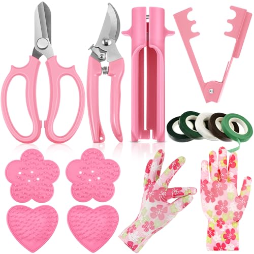 14 Pcs Mother's Day Rose Stripper Thorn Remover Tool Garden Pruning Shears Scissors Kit Leaf Stripping Tool Floral Gloves and Floral Tape Flower Stripper Kit Gift for Wedding Outdoor Gardening(Pink) - color: Pink