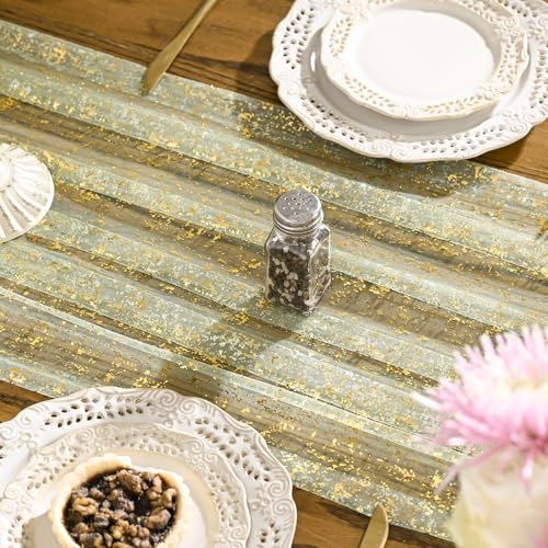 Artoid Mode Sage Green Gold Gauze Table Runner 120 Inch 10FT, Glitter Metallic Foil Sheer Dining Wedding Anniversary Holiday Birthday Table Decor for Home Party - color: Sage Green, size: 28" x 120"