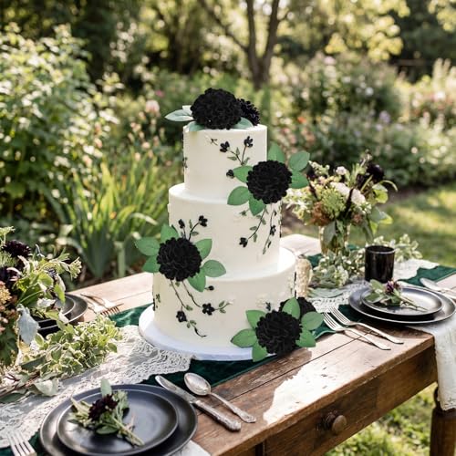 Dahlia Artificial Flowers,25Pcs Faux Black Dahlias Heads Real Looking Foam Flowers with Stem for Halloween Wedding Bridal Shower Party Home Decorations (Black) - color: Black
