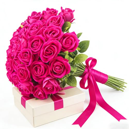 36 Pcs Hot Pink Rose Artificial Flowers Velvet Bouquet with Long Stem Real Touch Fake Roses Florals for Bridal Wedding Bouquet Party Arrangement Centerpiece Decorations - color: Hot Pink