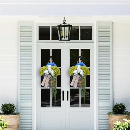 23.6" Basket Wreaths for Front Door Hanging Basket Blue & Green Hydrangea Wreaths for Front Door with Rose Spring Summer Wreath for Front Door Porch Wall Window Boho Farmhouse Home Decor - color: Blue & Green