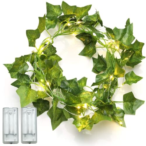 Fielegen 6.56ft Ivy Vine with 20 LED Fairy Lights, 2 Pack | 2 pack ivy garland with lights, no assembly needed. 2AA battery powered. Realistic leaves, ideal for parties & home decor. - color: Ivy Leaf (2 Pack)