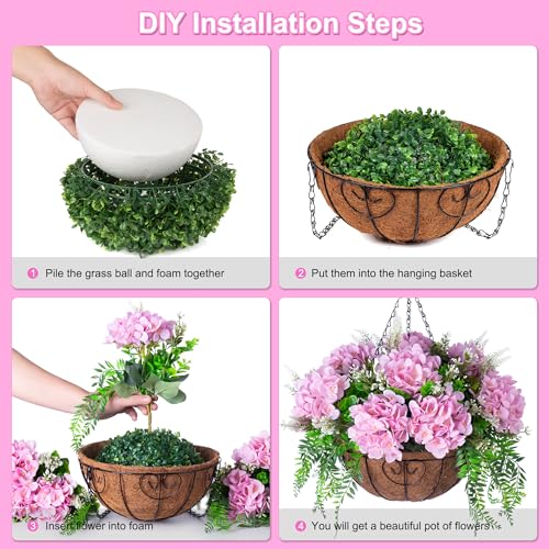 Ammyoo Artificial Flowers in Hanging Basket Planter for Home Spring Summer Decoration, Silk Hydrangea Outdoor Indoor Arrangements, 12" Metal Coconut Lining Basket with Faux Plant(Pink) - color: Z-pink With Basket