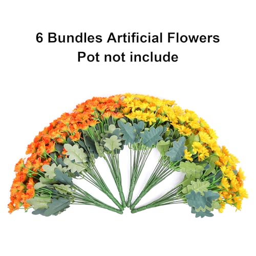Daisy Artificial Flowers for Outdoors Decoration, 6 Bundles Fake Plants Flowers Bouquet Faux Flowers for Outdoor Planter Look Real UV Resistant Silk Flowers for Outside Front Door Porch Patio, Mix - color: Mixed Colors(3 Yellow, 3 Orange)