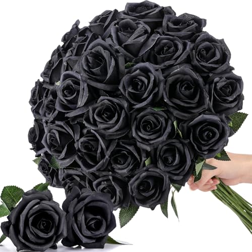 Thiccywoov 30 Pcs Rose Artificial Flowers in Bulk Lifelike Long Stem Silk Roses Bouquets Realistic Faux Flowers for Wedding Bridal Shower Home Decor Floral Arrangements Table Centerpiece(Black) - color: Black