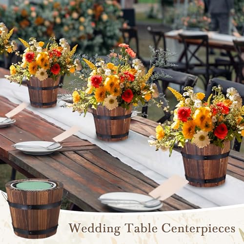 Remerry 6 Pcs Rustic Wood Barrel Planter Boxes with Removable Plastic Liners & Floral Foam Blocks, Farmhouse Decor for Wedding Table, Home, Garden, Kitchen & Party Centerpieces (Classic)