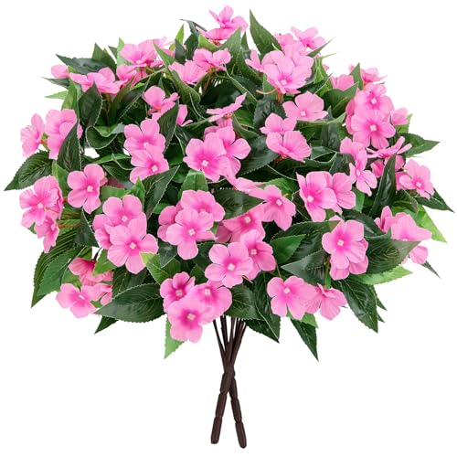 Roberly 6 Bundles Artificial Flowers for Outdoors, Faux Silk Catharanthus Roseus Flowers Bouquet Fake Greenery Plant for Spring Summer Garden Patio Porch Window Box Table Home Decor, Pink - color: Pink
