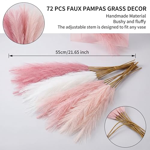 Suncalla 72 Pcs Pampas Grass Decor for Wedding Bridal Shower DIY 21.7 Inches Faux Tall Pampas Grass Bulk Artificial Dried Flowers Feathers for Vase Filler Pastel Home Decor Party Bathroom Wall - color: Ombre Pink