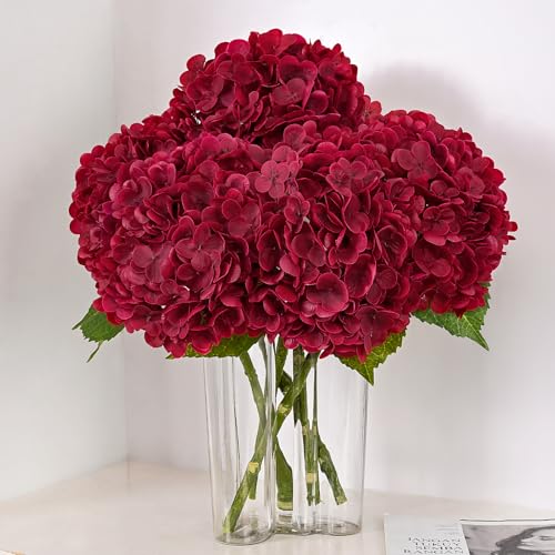 MARTINE MALL 3Pcs 21in Hydrangea Artificial Flowers, Latex Real Touch Hydrangeas Lifelike Large Hydrangea Flowers for Home Decor Party Arrangements Wedding Bouquets Centerpieces (Burgundy) - color: Burgundy, size: 3Pcs