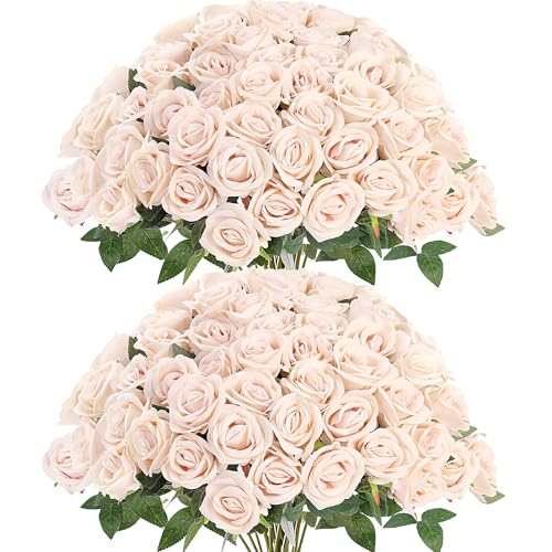 Sggvecsy 50 Pcs Artificial Roses Fake Flowers Velvet Silk Roses with Stems Bulk Realistic Faux Flowers for Bridal Bouquets Wedding Centerpieces Valentines Day DIY Home Party Decor (Champagne) - color: Champagne