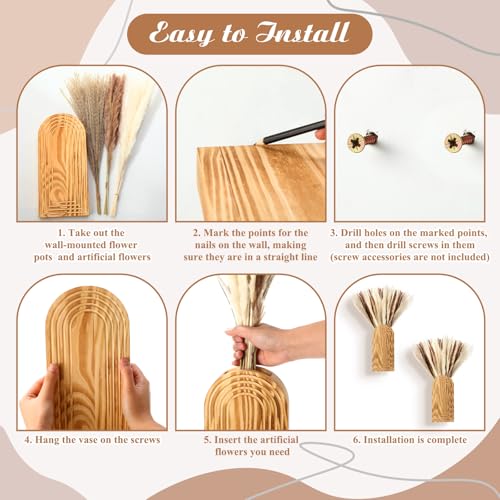 2 Pack Wooden Wall Vase with 40 Pcs Dried Pampas Grass Decor, Boho Pampas Grass Fall Farmhouse Hanging Planter for Hallway, Bedroom, Living Room, Dining Room, Office - style: Farmhouse Style