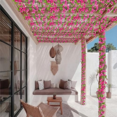 CITYES Artificial Bougainvillea Flowers Garland Silk Bougainvillea Vines UV Resistant Realistic Faux Hanging Flowers Plants for Outdoor Outside Summer Decor Porch Patio Balcony Yard Wall Rose Red - color: Rose Red