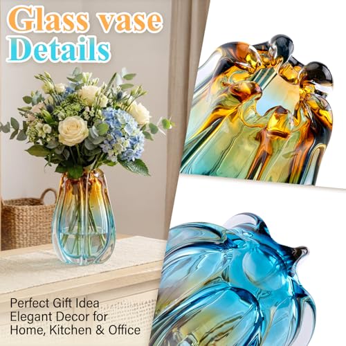 Hand Blown Glass Vase for Flowers, 9.45" Unique Murano Style Art Glass Vase, Fluted Teal Amber Ombre Decorative Vases for Home Decor, Living Room Table Centerpiece, Bookshelf, Wedding Gift