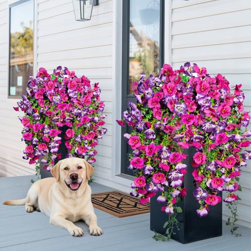 Artificial Hanging Flowers for Outdoors Decor, Fake Silk Hibiscus Long Trailing Vines UV Resistant Realistic Flowers Plants for Outside Front Door Porch Patio Balcony (Fuchsia + Purple, 2 pcs) - color: Fuchsia + Purple, size: 2 pcs