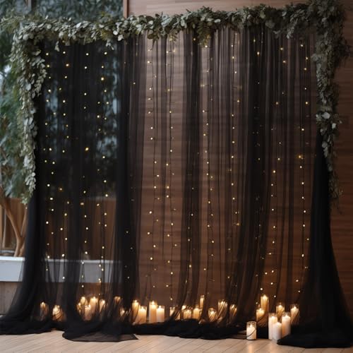 10ft x 8ft Black Backdrop Curtain with Lights String for Parties, Sheer Tulle Wedding Photo Backdrops Drapes for Baby Shower Birthday Party Decorations Background for Photography - color: Black, size: W5' x H8'(2 panels)