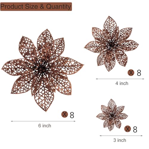 Wironlst 24 Pieces Glitter Poinsettia Flowers Christmas Tree Ornaments, Glitzy Poinsettia Bushes Christmas Decorations for Xmas/Holiday/Seasonal/Wedding (Brown) - color: Brown