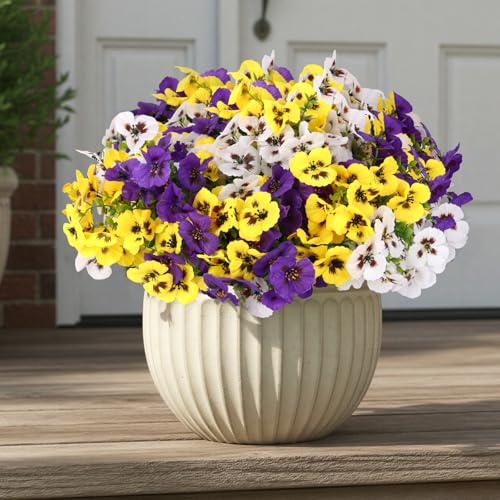 CEWOR Artificial Flowers for Outdoor Indoor, Fake Silk Pansy with Eucalyptus Leaves, Faux Flower for Garden Front Door Porch Planter Patio Home Decor (12 Bundles, Yellow White Purple) - color: 3 Color Pansy