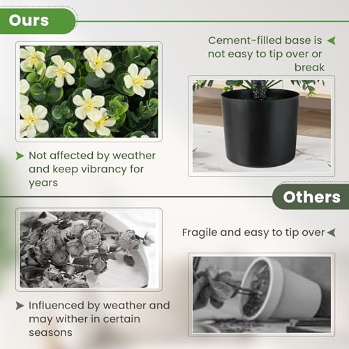 Goplus 21.5'' Artificial Boxwood Topiary Ball Tree, Set of 2 Faux Potted Plants Artificial Shrubs Bushes with White Flowers, Fake Evergreen Artificial Topiary for Indoor Outdoor Home Front Porch Decor - color: White