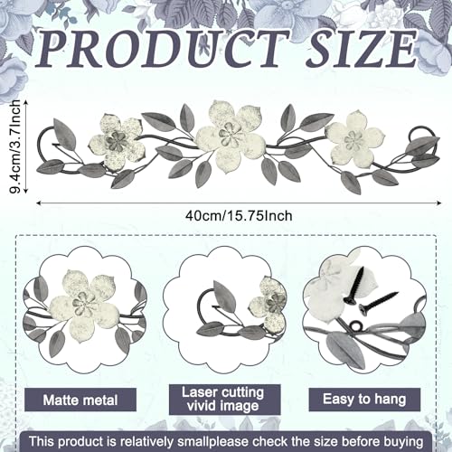 Wesiti Metal Flower Wall Decor Vintage Metal Flower Wrought Iron Scroll Sculpture 15.7''x3.7'' Not 3D, Flat Farmhouse Leaf Wall Decor with Nails for Summer Bedroom Kitchen Indoor Outdoor(White) - color: White
