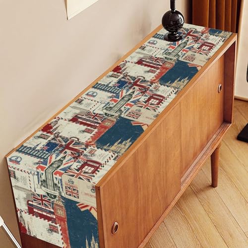 British Table Runner, Vintage England Buildings London Culture Element Retro Envelope Stamps Coffee Table Center Decor for Home Kitchen Dining Patio Holiday Party Table Decorations 13x36 inches - color: Tr-england06, size: 13x36" Table Runner