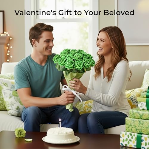 Auihiay 14PCS Green Artificial Roses, Realistic Rose Bouquet with Long Stems for Valentine's Day, St. Patrick's Day, DIY Floral Craft & Home Decoration - color: Green