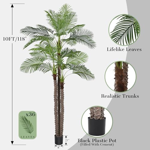 10FT Artificial Palm Tree - Tall Fake Palm Tree with 36 Lifelike Leaves & Realistic Trunk, 120" Large Faux Tropical Phoenix Palm Plant for Home Living Room Poolside Office Hotel Mall Decor - size: 10ft