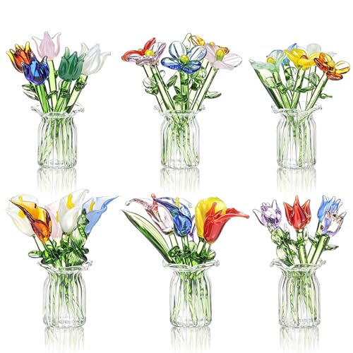 FoldTier 42 Pcs Mini Glass Flower Decoration Hand Blown Glass Flower Figurines Collectible Ornaments with Vase for Mothers Day Birthday Table Centerpiece Garden DIY Craft(Style 1) - style: Mixed