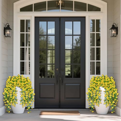 Artificial Hanging Flowers for Outdoors Decorations 2 Pack, Fake Hanging Flowers, UV Resistant Artificial Hanging Plants Outdoors for Home Porch Patio Balcony Baskets Yard(Yellow) - color: Yellow
