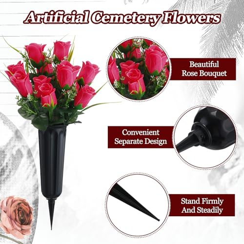 Tigeen 6 Sets Father's Day Cemetery Flowers with Grave Vase 12 Bunches Artificial Rose Memorial Bouquet 84 Heads Fake Silk Flower for Dad Gravesite Graveside Decor(Rose Red) - color: Rose Red