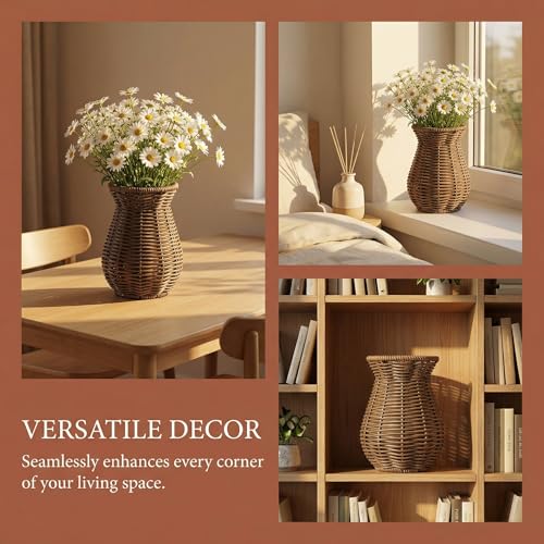 Cabilock Small Rattan Vase for Flowers, 5.7" Rustic Woven Wicker Vase for Boho Home Decor, Imitation Rattan Flower Basket, Farmhouse Desktop Centerpiece for Pampas Grass, Dried Floral Arrangement