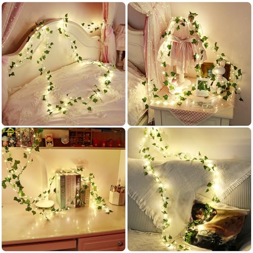 Vine with Fairy Lights for Room Decor, 33ft 100 LED Fake Ivy String Light Battery Operated Ivy Curtain Lights for Dorm, Wedding, Party, Garden, Wall, Patio,Table Decor, Indoor, Outdoor(Warm White)